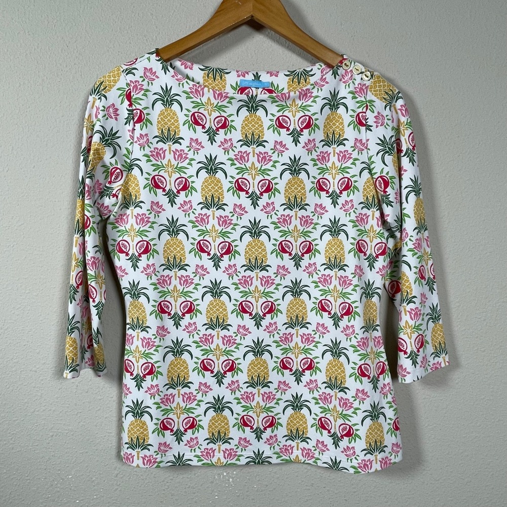 J.McLaughlin Pineapple Top Womens‎ S White Yellow 3/4 Sleeve Resort Catalina